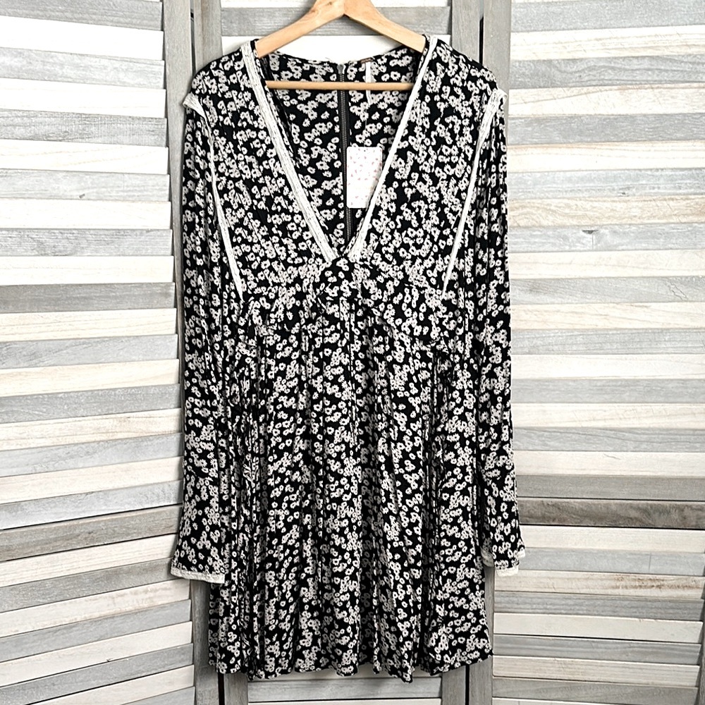 Free People Black and White Floral Long Sleeve Dress